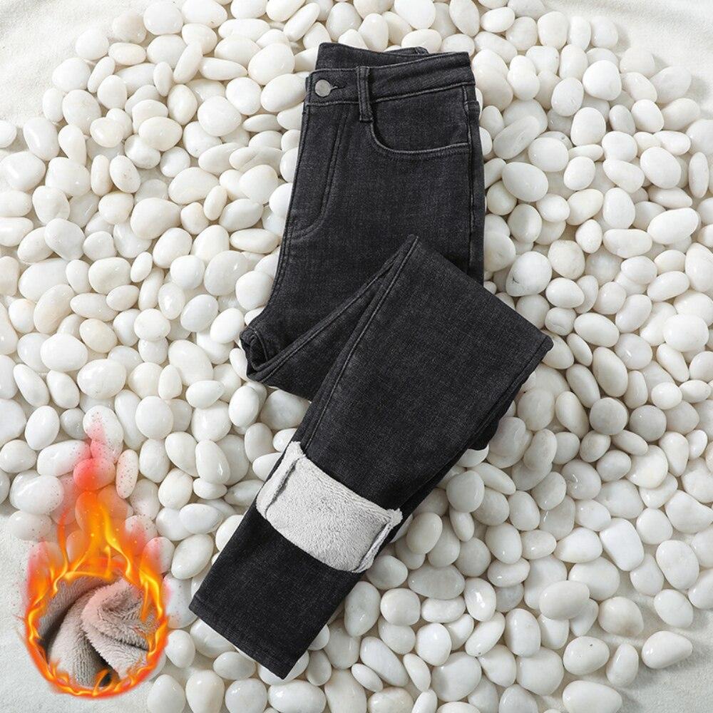 

2022 женские зимние корейские теплые тонкие эластичные женские джинсы с высокой талией толстые брюки узкие джинсы повседневные винтажные повседневные флисовые брюки 32 чёрный