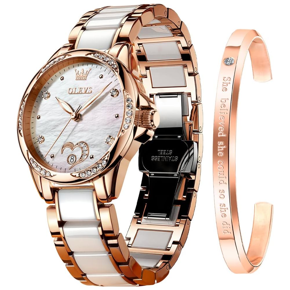 OLEVS Women s Ceramic Watch Pink Gold Waterproof Mechanical Date Bracelet Gift for Her White
