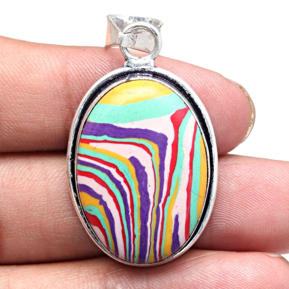 Pendant Rainbow Calsilica Gemstone Mother'Day Gift Silver Jewelry 1.75"