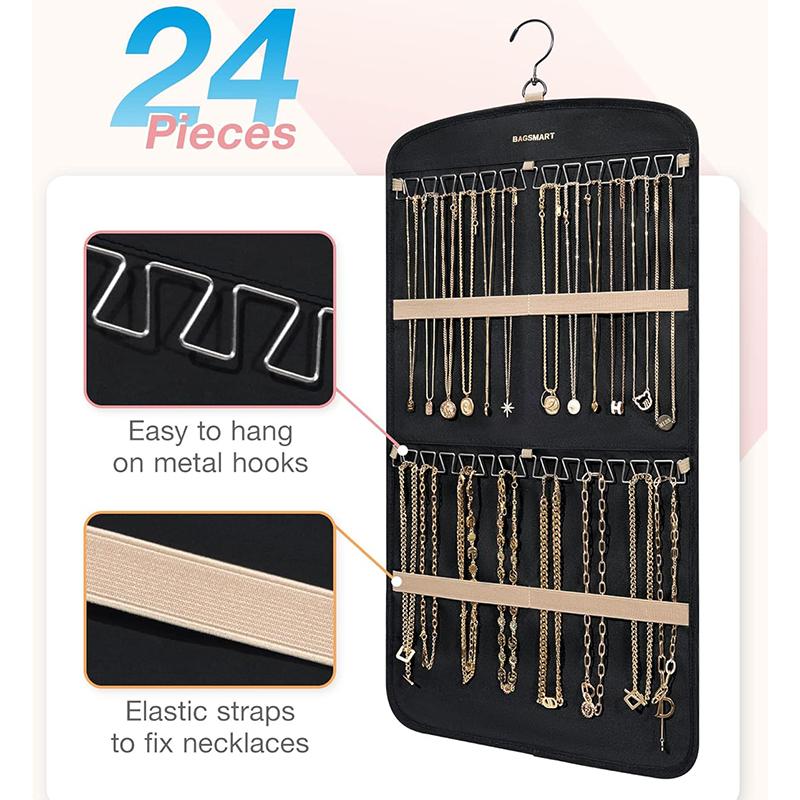 Závěsný organizér na šperky, držák na náhrdelníky Proti zamotání Náušnice Prsteny Věšák Cestovní skladovací role s kapsami Pověsit na skříň, stěnu, dveře