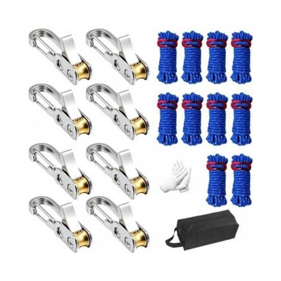 Rope tensioner adjustable metal body tightener brass roller stainless shaft spring mechanism durable included cord gloves bag suitable tent setup line