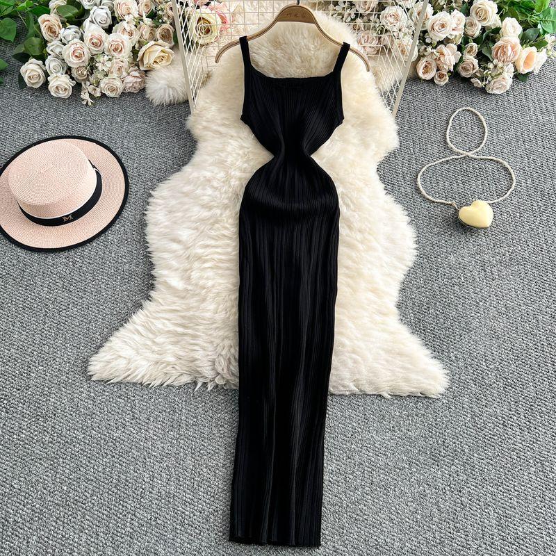 

2025 Summer New Fashion V-neck Knitted Sling One piece Dress Women clothing Elegant Tight Slimming Sheath Long Skirt Black All yards
