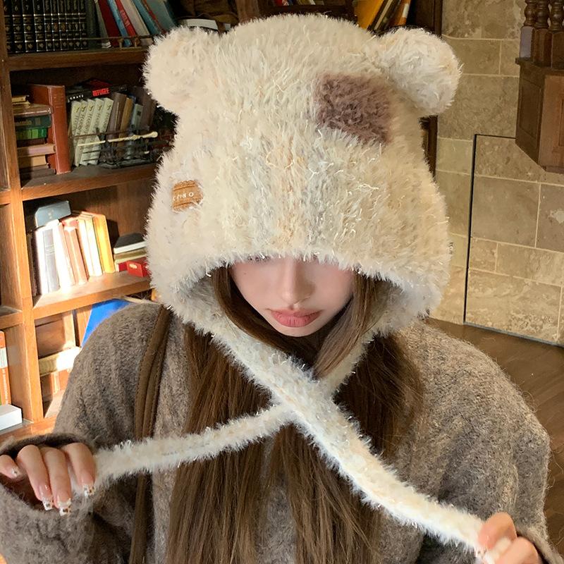 Süße Bärenohren Plüschtasche Hut Damen Winter Warm Ohrschutz Kalt Gestrickte Mütze Großer Kopfumfang Wollmütze