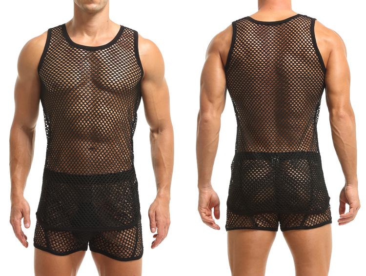 Men's Crew Neck Fishnet Tank Top - Breathable, Loose, Casual, Plus Size, European & American Style.