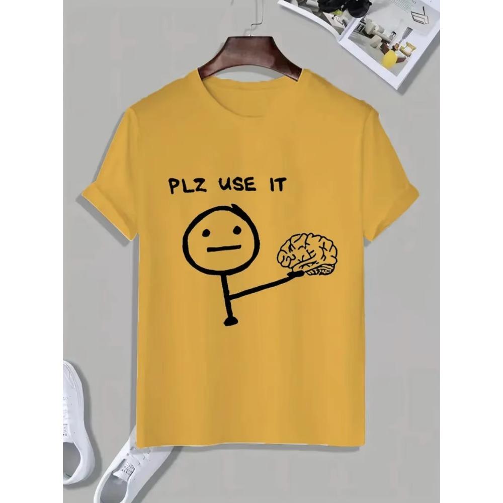 PLZ USE IT Brain Cartoon Printed Men's T-Shirt Crew Neck Fun Short Sleeve TShirt Graphic Unisex Cotton Tshirts Casual Summer Top