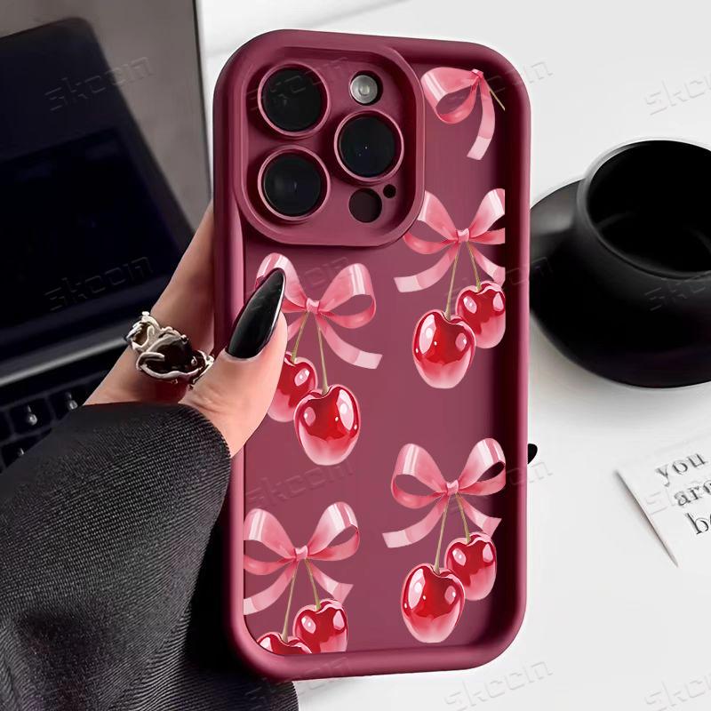 Simple Pink Cherry Bow Pattern Phone Case For iPhone 17 16 15 14 13 12 11 Pro Max 17 Air 16E X XR XS 7 8 Plus Shockproof Cover