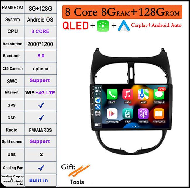 9'' For Peugeot 206 2001 - 2016 Screen/QLED Android 14 Car Radio Multimedia Video Player Navigation GPS 4GLTE 5G WIFI