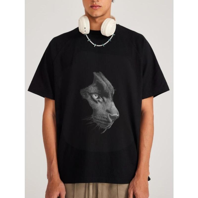 Cotton T Shirt White Panther Animal Print Casual Wear for Men