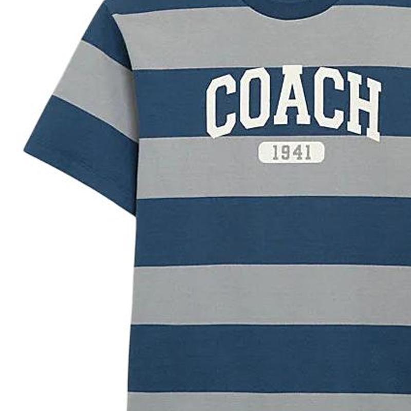 Coach Ss24 Letter Logo Print Striped Crew Neck Pullover Short Sleeve T-Shirt Men Tops Blue CO784-BLM