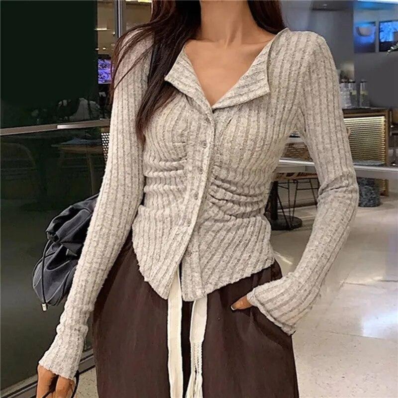 Knitted Cardigan Women Collar Sweater Coat Vintage Long Sleeve Single Breasted Top Autumn Fashion Girls Knitwear Jumper
