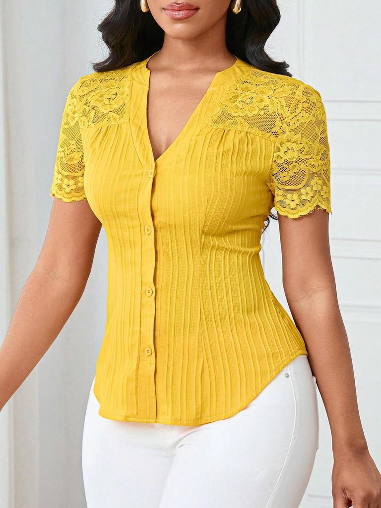 Women's Summer V-neck Embroidered Hollow Short-sleeve Shirt