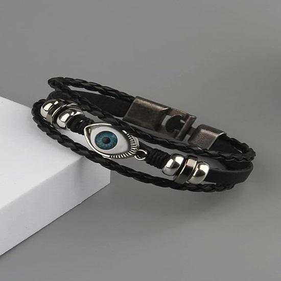Perfect Blue Evil Eye Leather Braided Wrap Multi Layer Black Band Adjustable Bracelet for Men, Boys
