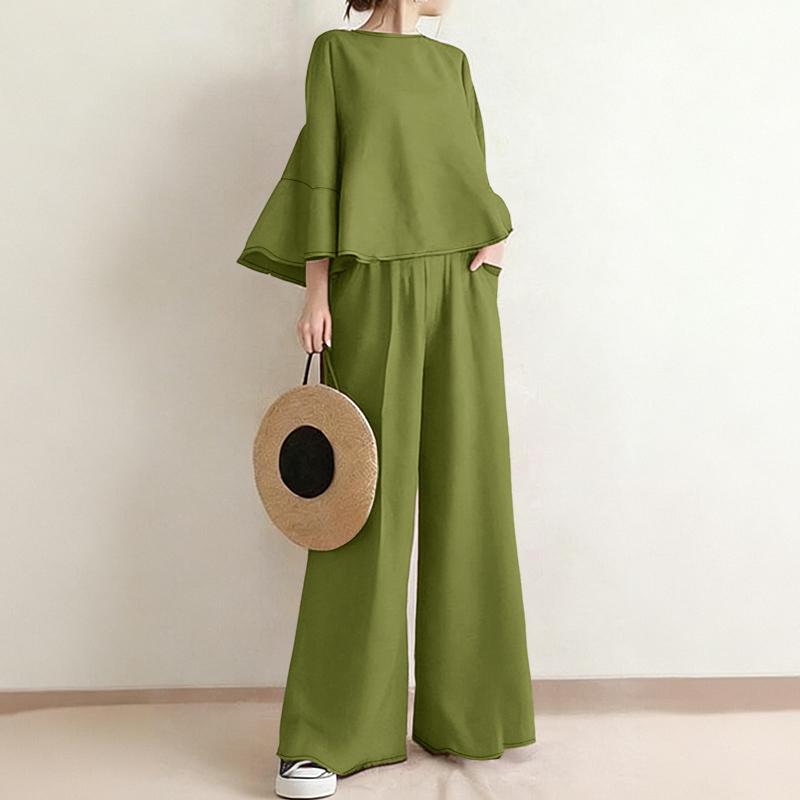ZANZEA Set de costume casual din două piese pentru femei, cu bluză cu mânecă 3/4 și pantaloni cu picior larg