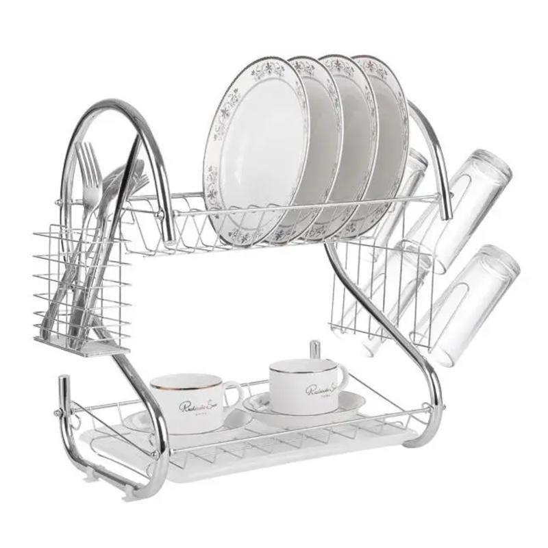 Artehome Two-Tier Dish Drainer Silver Shelf, Bowls Dishes Cup Holder with Drip Tray