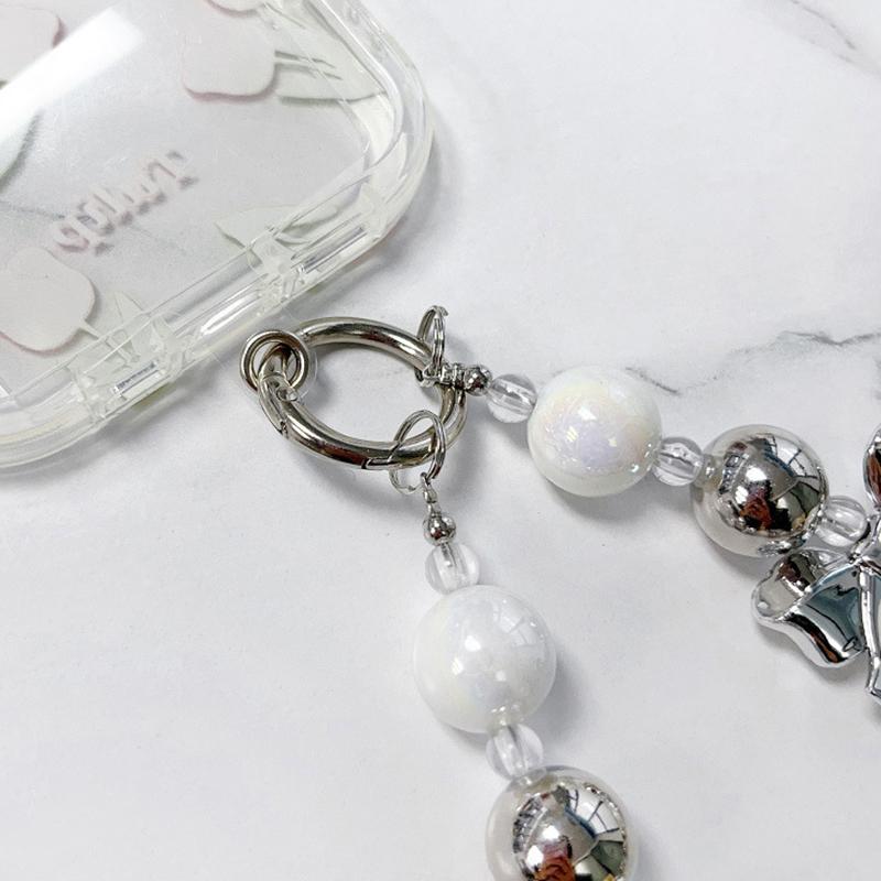 Y2K Silver Bow Beaded Phone Case Lanyard Stylish Bead Phone Chain Wrist Band Anti Lost Phone Strap Earphone Pendant Keychain