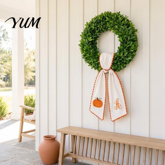 Indoor Outdoor Festive Accents Halloween Pumpkin Wreath Sash for Fall Front Door Decor, Orange Scalloped Fabric Neutral Thanksgiving Party Ribbon with