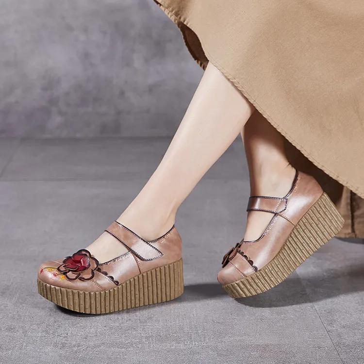 Fashion GKTINOO Retro Pumps Women Shoes Genuine Leather Hook & Loop 2025 New Spring Round Toe Floral Handmade Concise Platform Shoes
