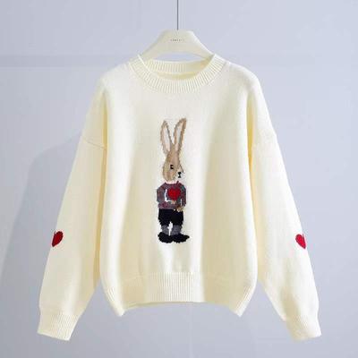 Casual Women's Sweater Age-Defying Kawaii Rabbit Heart Jacquard Round Neck Loose Long Sleeve Knit Top