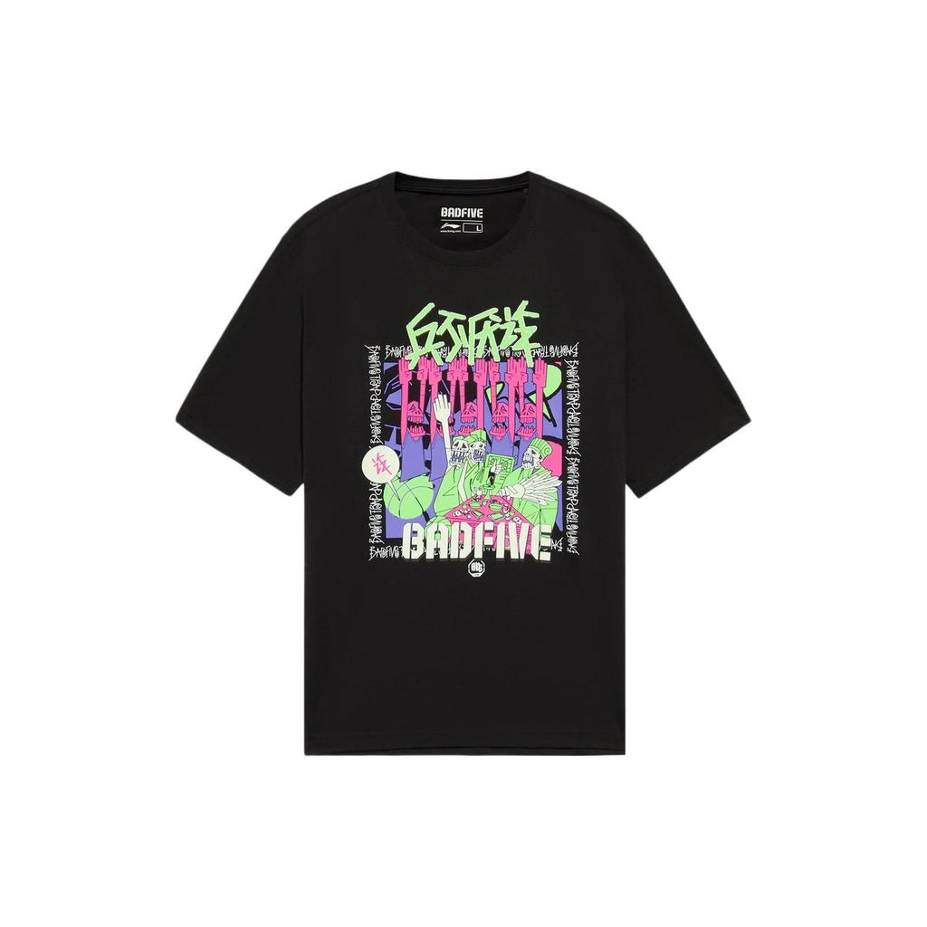 Li-Ning Badfive Basketball Series Locker Rundhals Kurzarm T-Shirt mit Aufdruck zum Thema Täuschung Herren Tops Schwarz AHSS381-2