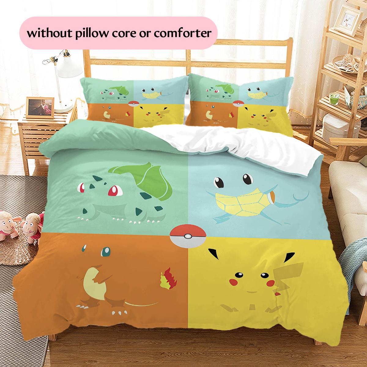 Pokémon Combination Characters Pattern Bedding Quilt Set Home Decoration Gift (1 * duvet cover + 2 * pillowcase without core) 135x200cm