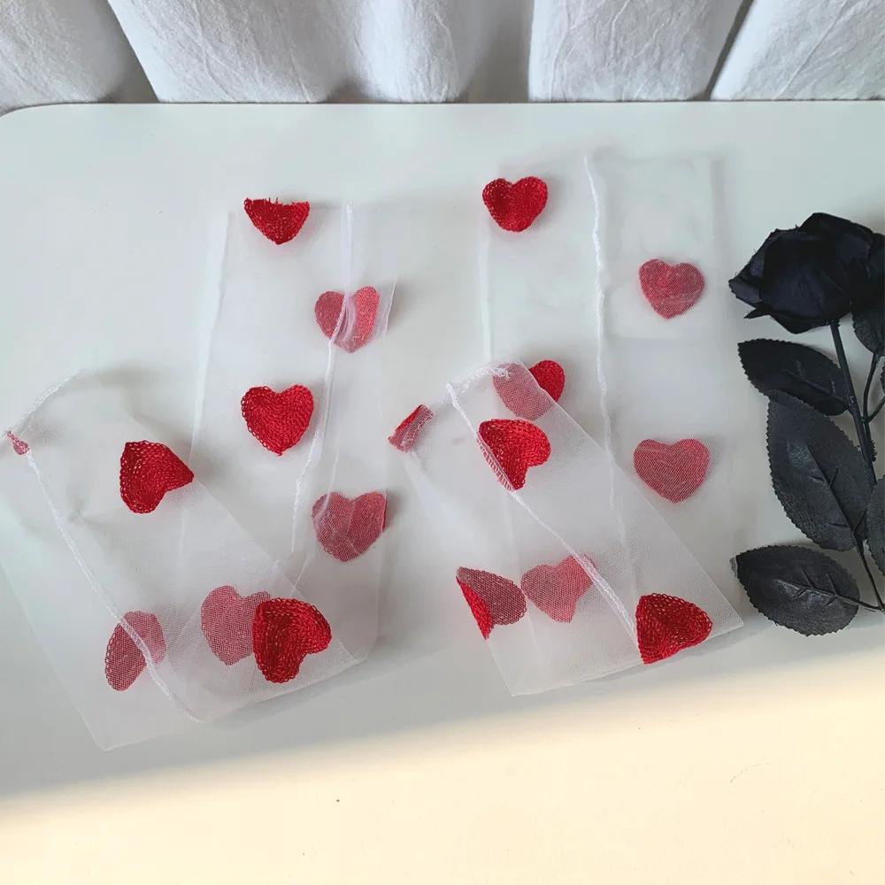 Red Heart Embroidery Kawaii Princess Socks Summer Ultra-thin Transparent Mesh Lace Socks Sweet Girl Black White Loose Long Socks