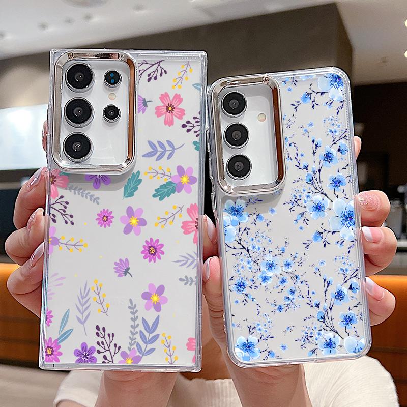 Cartoon Flowers Pattern Case For Samsung S26 S25 Ultra S24 FE S23 Plus S22 S21 A15 A16 A17 A35 A36 A37 A54 A55 A56 A57 5G Plating Lens Soft Cover