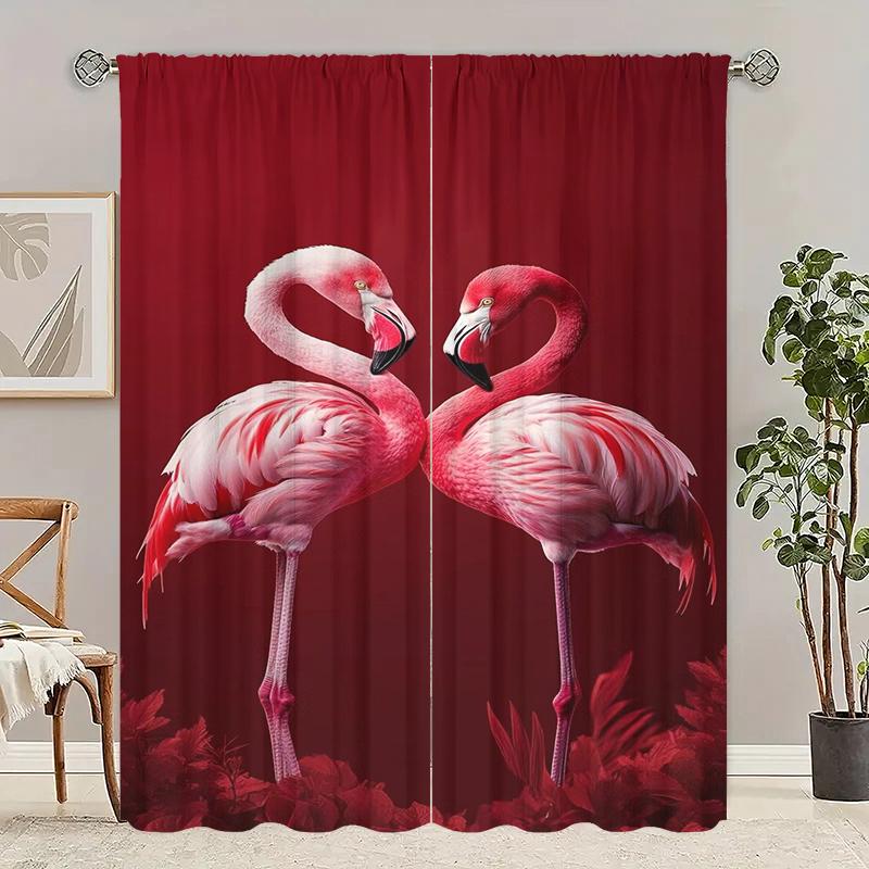 2 Pieces - Valentine's Day Flamingo - Printed Curtain 100% Polyester, Suitable for Home Decor (excluding Light Poles)