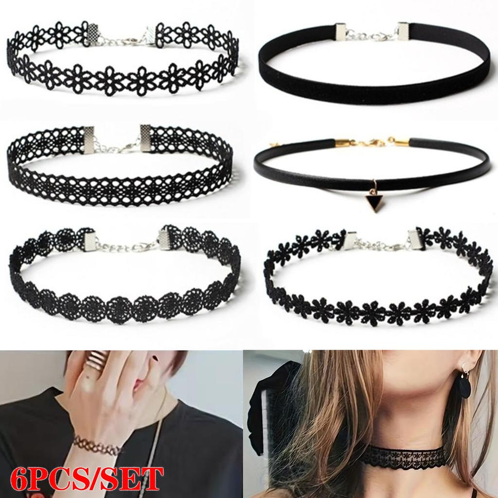 6Pcs/set Gothic Tattoo Black Lace Leather Velvet Collier 90S Punk Style Choker Necklaces Women Collar Femme Chocker Jewellery