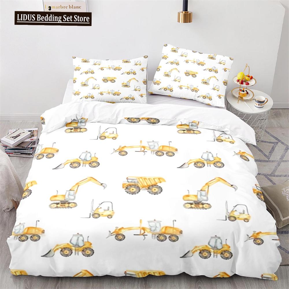 Digger Duvet Cover Set Cartoon Heavy Machinery Truck Crane Mixer Excavator Tractor Pattern For Kid Teen Polyester Bedding Set