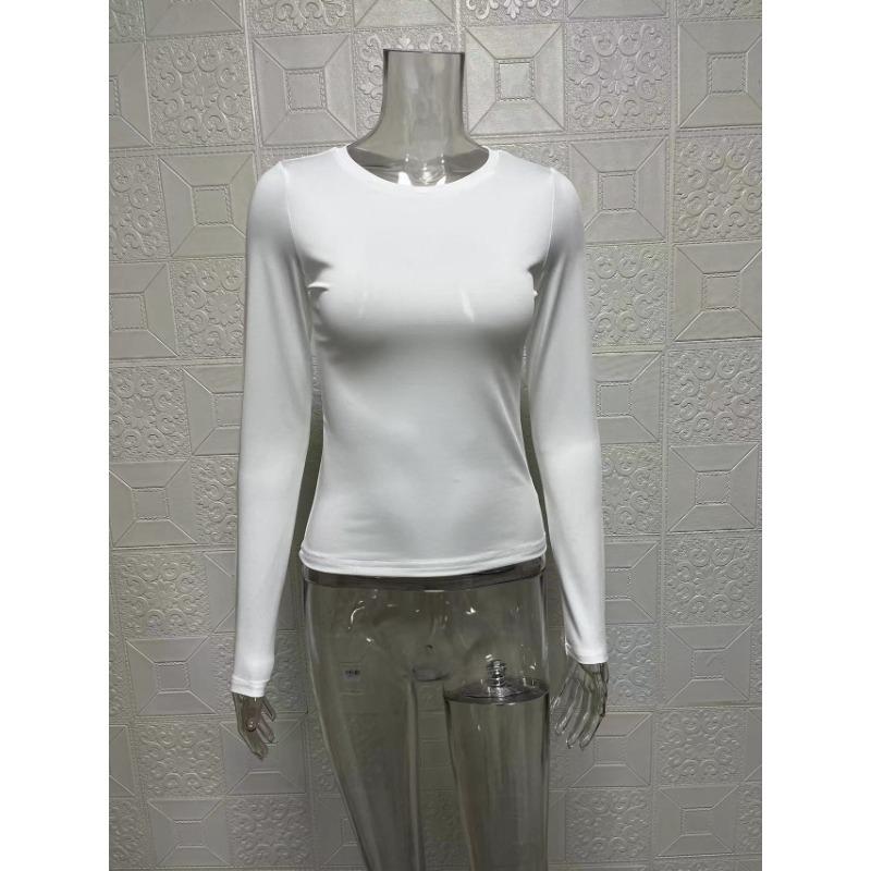 

Весенне-летняя женская однотонная футболка с круглым вырезом, модная тонкая футболка с длинными рукавами, простой базовый стиль, базовая рубашка для поездок на работу S