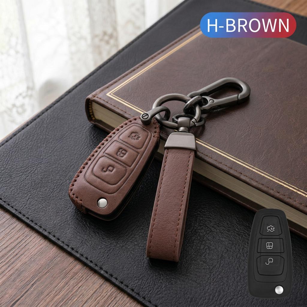 Leather Car Key Case Cover For Ford Focus Fiesta Kuga Mondeo C-Max S-Max Galaxy EcoSport Transit Remote Fob Protector Key Bag