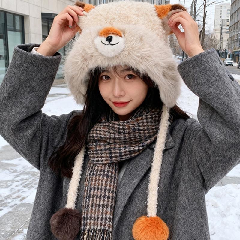 Furry Ears Plush Winter Hat for Women Girl Warm Comfortable Unisex Earflap Cap for Skiing Camping Daily Outdoor Use