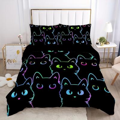3pcs Fashion Duvet Cover Set Cute Black Color Cat Print Bedding Set Soft Comfortable Breathable Duvet Cover For Bedroom Decor