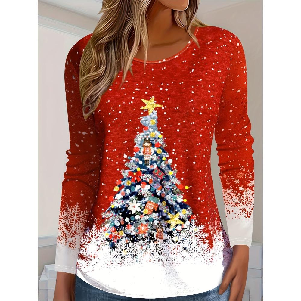 3D Printed Christmas Theme O-Neck Red Long Sleeve T-Shirts Fashion Womens Clothing
