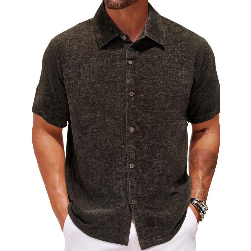 Men's Summer Solid Color Gold Velvet Shirt Summer Casual Knitted Short-sleeved Lapel Shirt