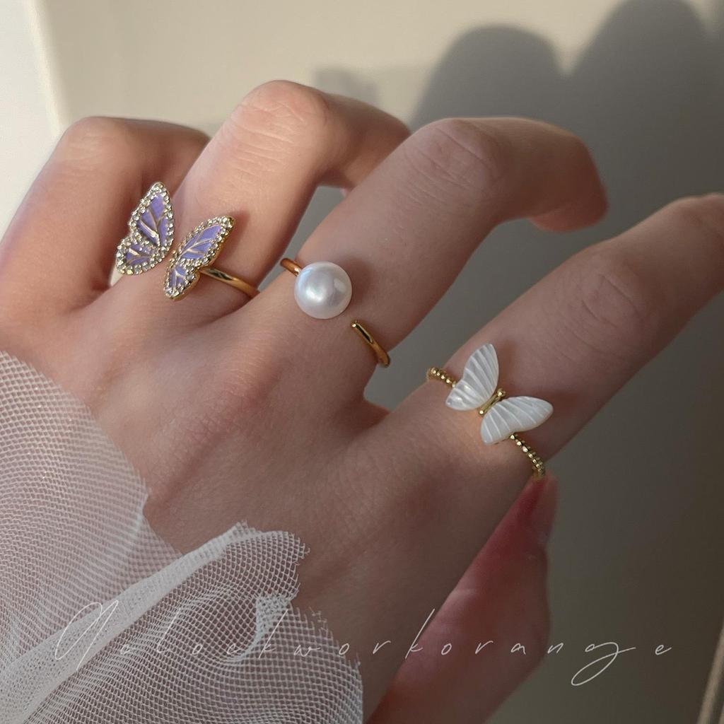 Elegant Purple Gold Butterfly Adjustable Ring with Faux Pearl - Trendy Light Luxury Jewelry for Women