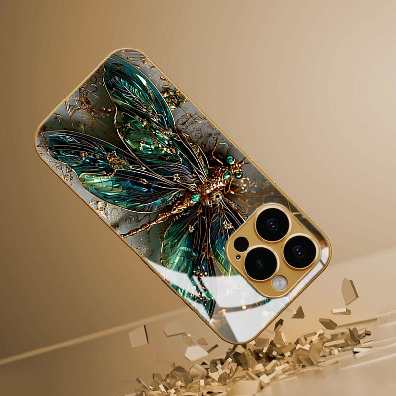 Carcasă Telefon din Sticlă Călită cu Aripi de Libelulă Pentru iPhone 17 13 12 11 Pro Max 16 15 14 Plus 16E 17 Air Protecție Cameră Capac Dur