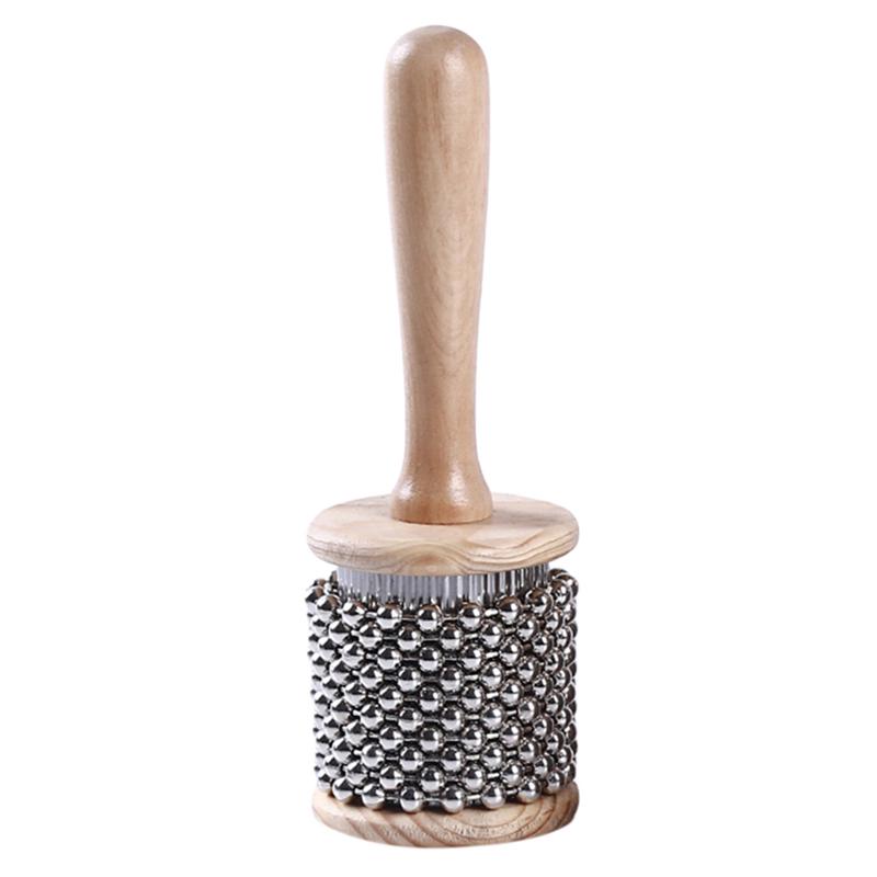 1pc Wooden Cabasa Metal Beaded Chain  Cylinder Pop Hand Shaker Percussion Instrument For Classroom Band Medium Size