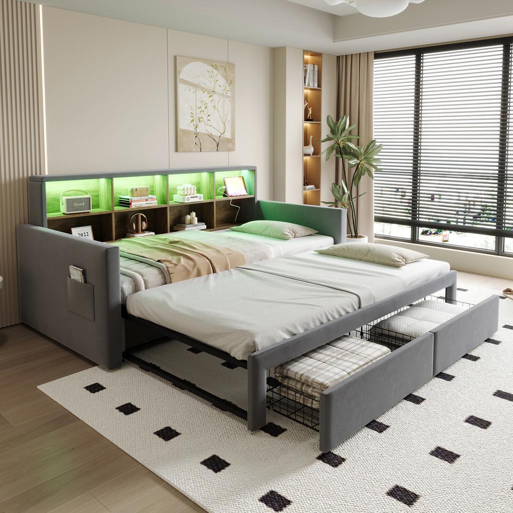 Pull-Out Upholstered Sofa Bed 90/180 X 190 Cm, Headboard with Storage, LED Strip, Charging Sockets, Two Drawers, Slatted Frame, Velvet Dark Grey