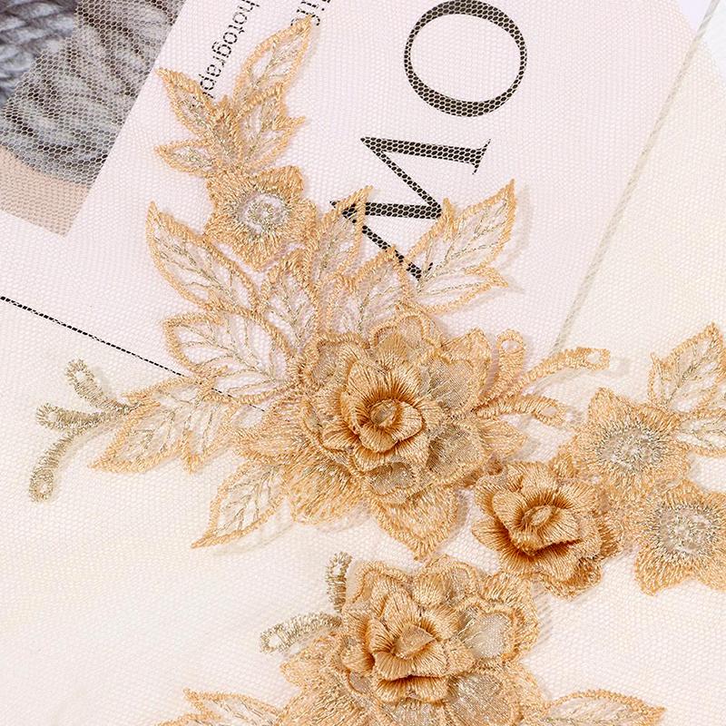2Pcs Flower Embroidered Trim Lace Applique Fabric Craft Sewing Motif Dress Decoration Wedding Bridal DIY Patches Hollowed Out