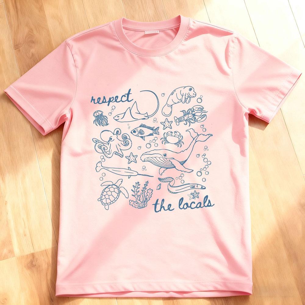 Respektiere die Einheimischen Meeresbewohner Doodle Grafik T-Shirts Meeresbiologie Einheimische Arten T-Shirt Unisex Damen Baumwolle Kurzarm Oberteile