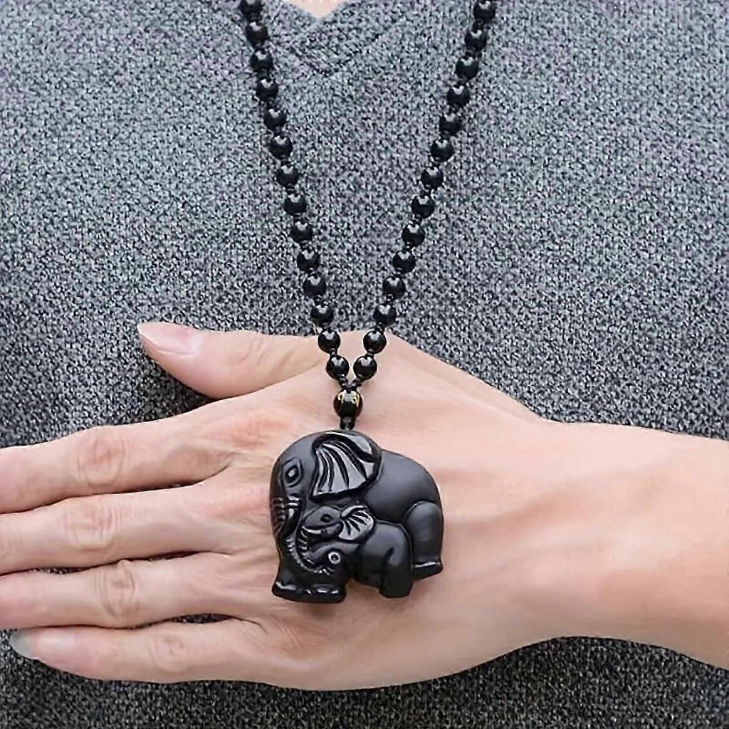 Collana a catena con perline ciondolo animale elefante portafortuna in ossidiana, moda uomo e donna, ornamento amuleto fortunato, regalo, Nero