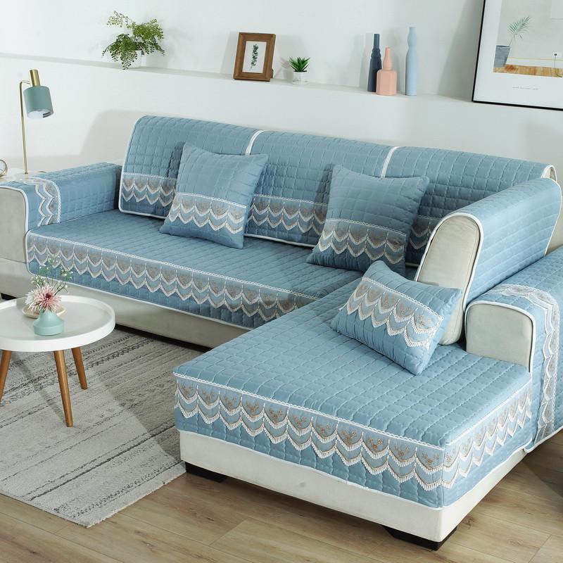 Solid Color Fabric Art Sofa Mat Light Luxury Lace Edge Anti Slip Sofa Cover European Style L-shaped Corner Dustproof Sofa Cover