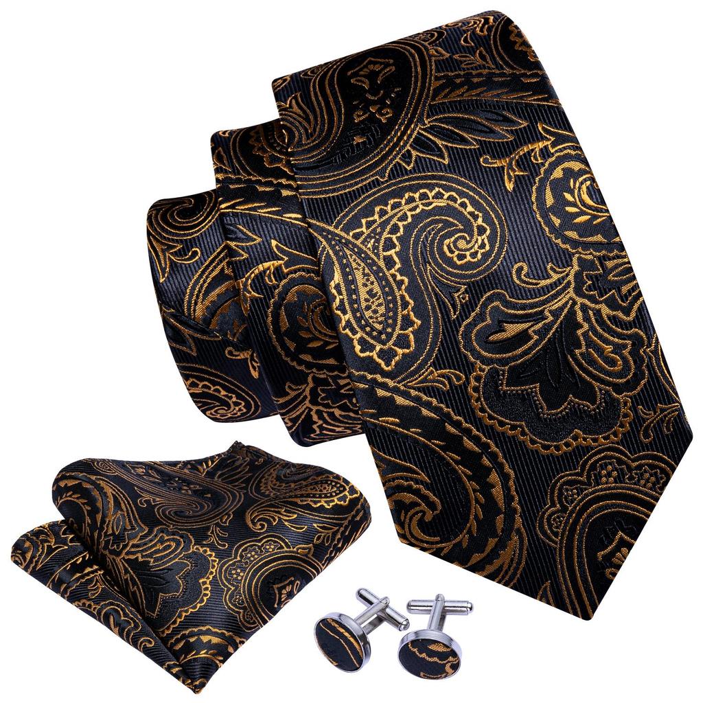 Barry.Wang Gold Black Jacquare Ties Fashion Set Hanky Cufflinks Neckties for Men Woven Silk