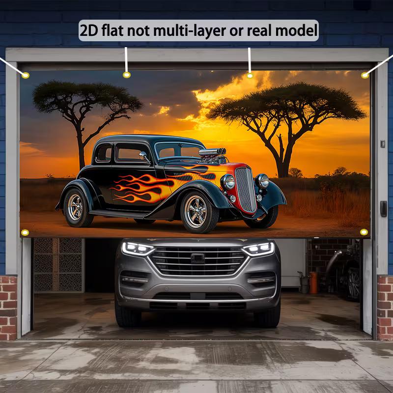 Sfondo 2D Garage Auto d'Epoca, Hot Rod Nero con Fiamme & Sfondo Fotografico Tramonto Africano