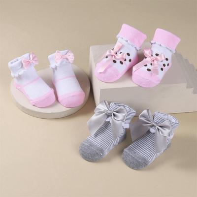 3pairs Newborn Baby Girls Socks Bow Toddler Indoor Socks Fit 0-6 Months