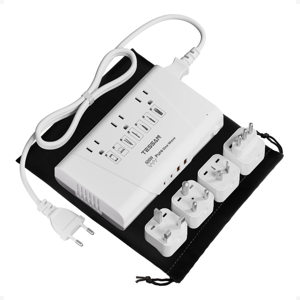 TESSAN 600W Pure Sine Wave Transformer for International 220V to 100V Converter with Type Extension QC30W Fast Compatible with and India Travel,
