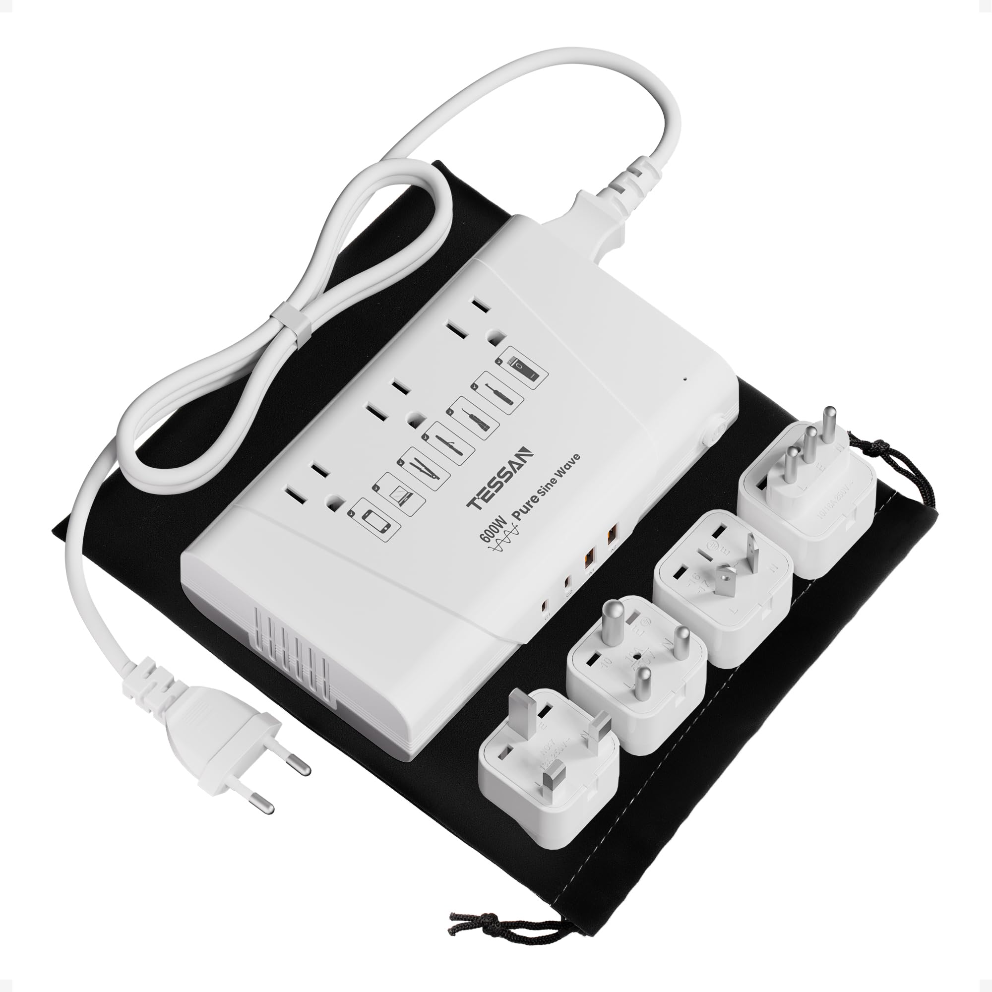 

TESSAN 600W Pure Sine Wave Transformer for International Travel, 220V to 100V Converter with BFOLB3C Type Plugs, 1.2M Extension Cord, PD35W, QC30W