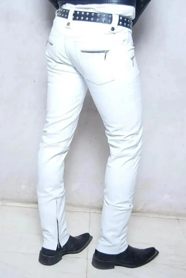 Leather Jeans Handmade Zipper Men's Biker White Leather Pants Real Soft Lambskin