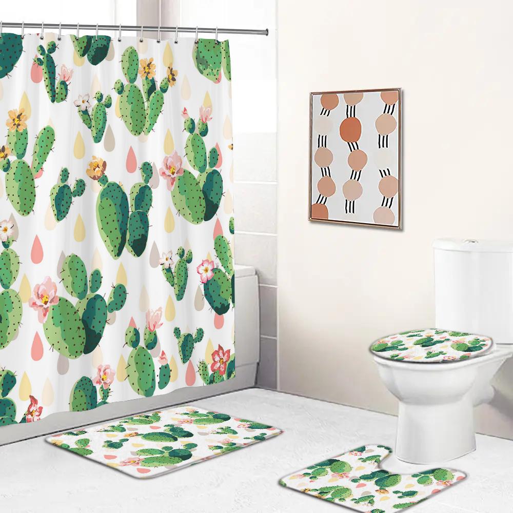 Green Tropical Plant Cactus Bathroom Curtain Polyester Fabric Shower Curtains Pedestal Rug Toilet Cover Bath Mat Set Home Decor
